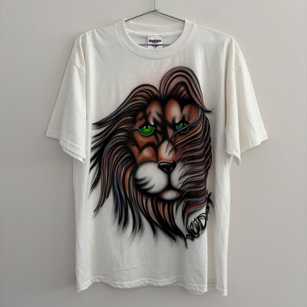 Vintage Jerzees Lion Airbrush Graphic T-Shirt White Large 90s Streetwear